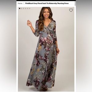 PinkBlush Grey Floral Sash Tie Maternity/Nursing Dress